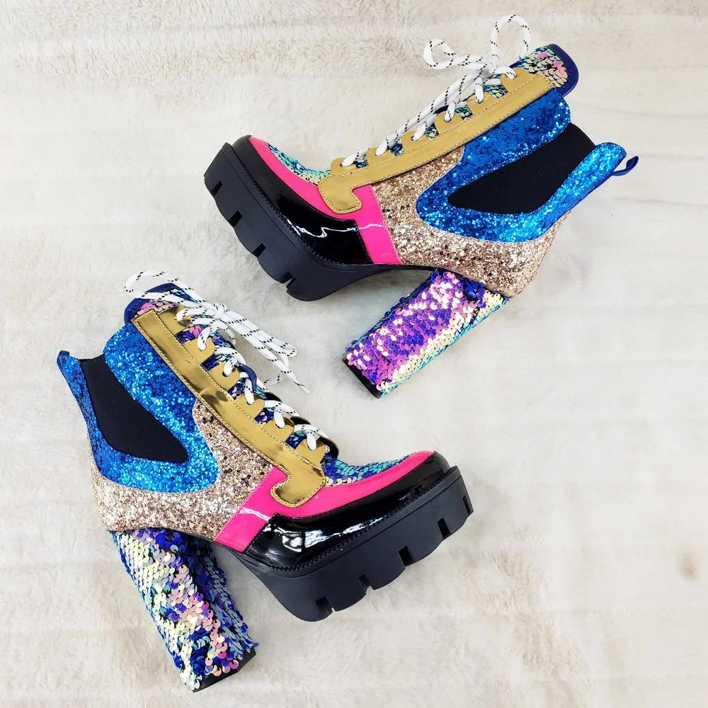 Sequins Glitter & Patent OH MY Chunky Block Heel Ankle Boots